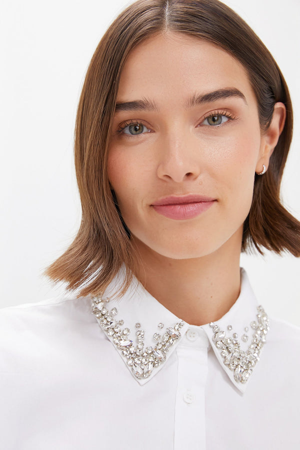 White Embellished Cropped Jasper Button Down