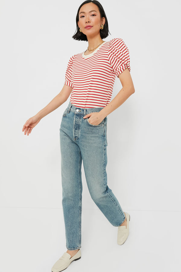Red Striped Vesty Puff Short Sleeve Crewneck