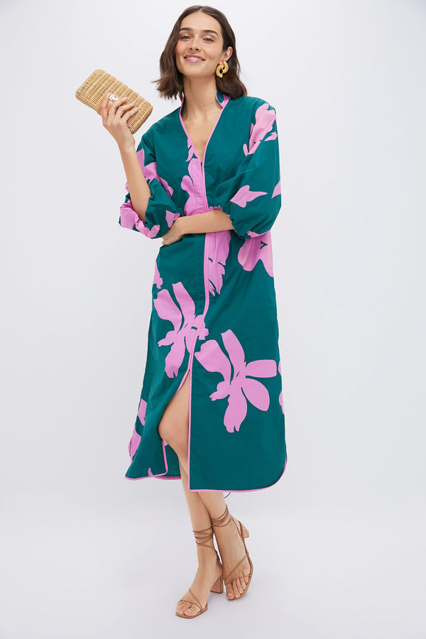 Hunter Green & Pink Floral Arem Caftan