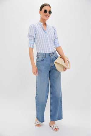 Exclusive Sky Blue Gingham Puffed Shoulder Shirt