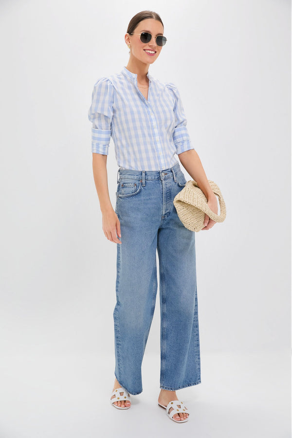 Exclusive Sky Blue Gingham Puffed Shoulder Shirt
