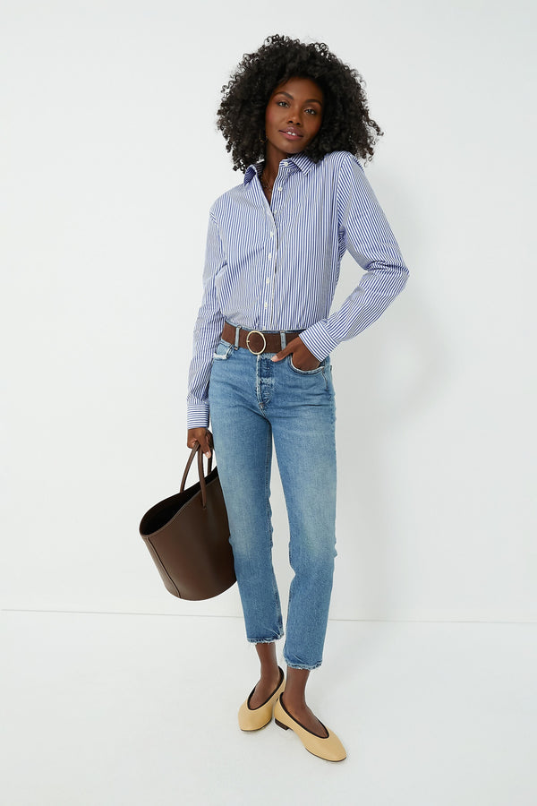 Blue and White Stripe Boyfriend Shirt