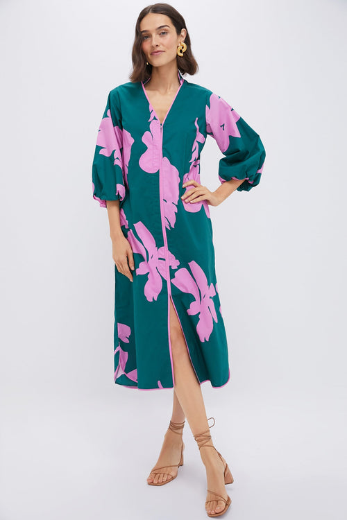 Hunter Green & Pink Floral Arem Caftan