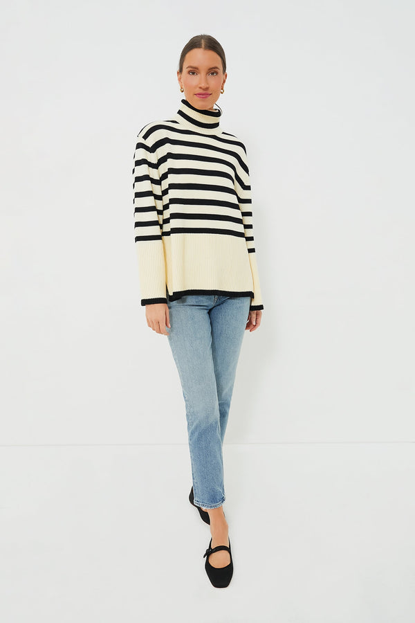 Cream Striped Turtleneck Sweater