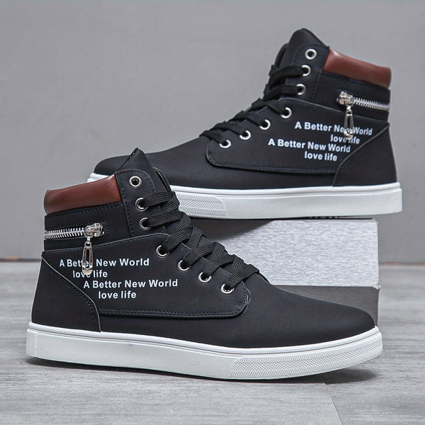 Lace-up High Top Zipper Skate Shoes, Breathable Sneakers